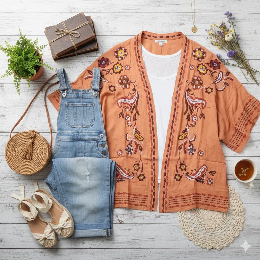 Curations Embroidered Floral Open Front Kimono - Extra Small/Small